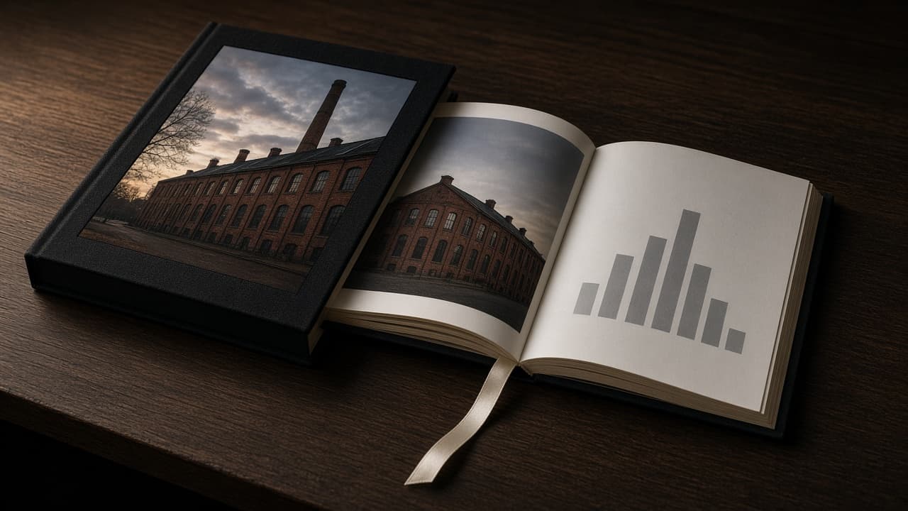 A black cloth-bound deal book open on a dark wood table, with a brick warehouse on the cover and a chart inside.