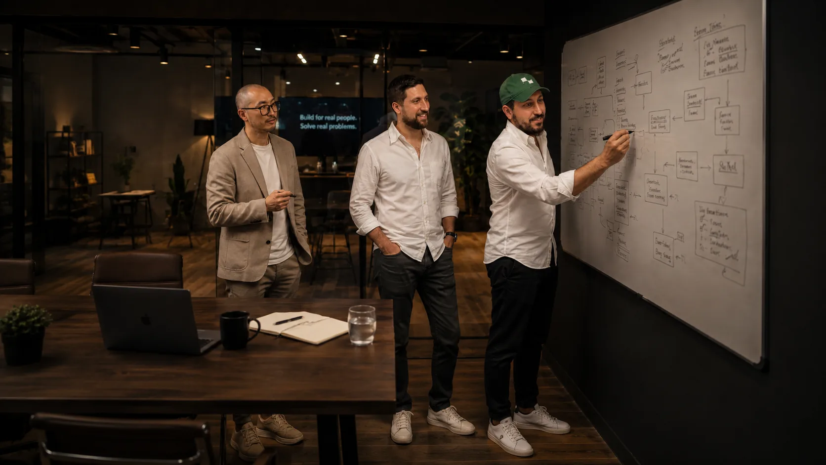 Commercial real estate team mapping enterprise AI strategy on a whiteboard