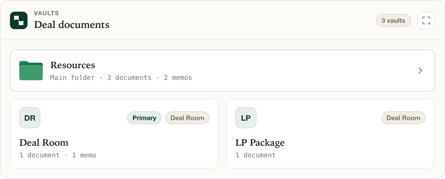 The Lev MCP deal vault browser showing Resources first, followed by Deal Room and LP Package vault tiles