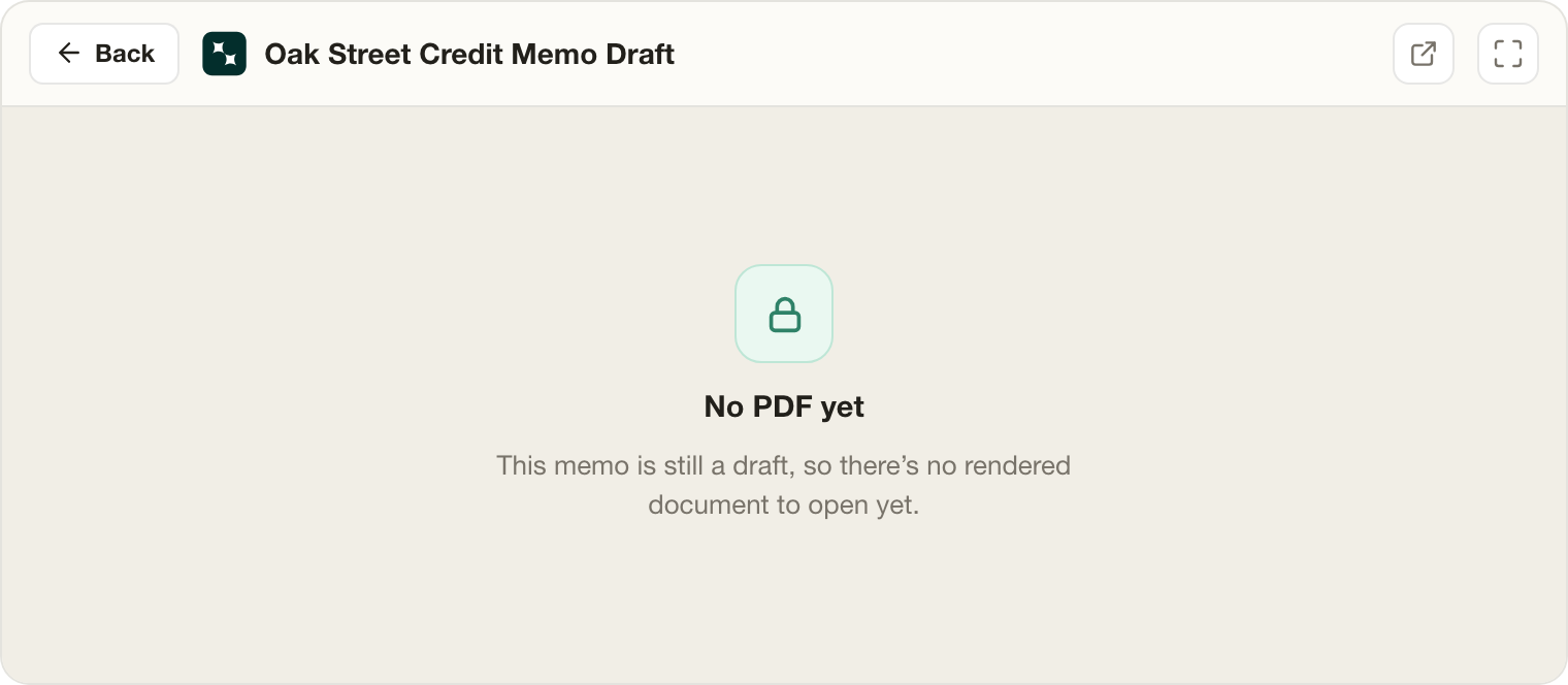 The draft memo detail state showing a No PDF yet message in the Lev MCP vault browser