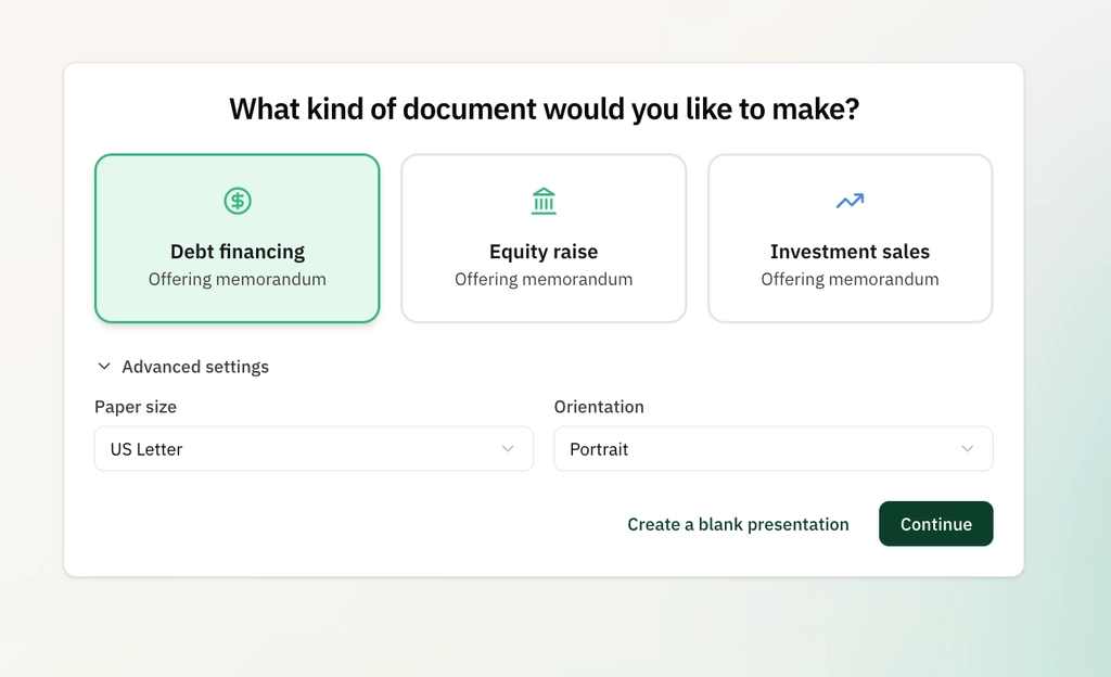Three memo type options: Debt financing, Equity raise, and Investment sales offering memorandums