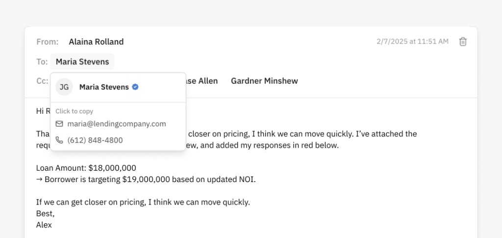 Composing an email to a lender with multiple deal contacts (Maria Stevens, Allen, and Gardner Minshew) CC'd, with Maria's contact card popover showing her email and phone number