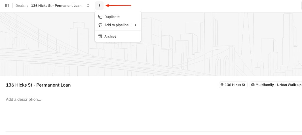 Deal actions menu showing Duplicate, Add to pipeline, and Archive options