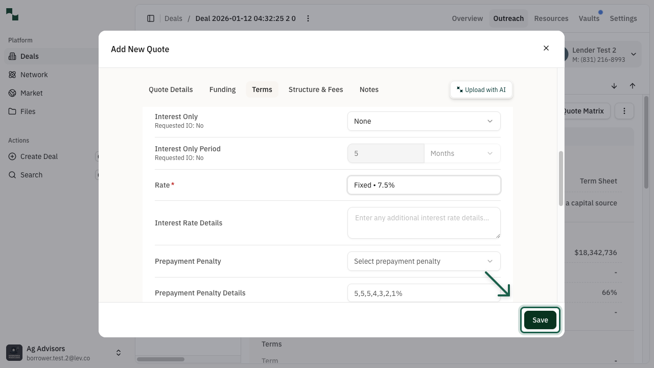 Completed quote form with Save button