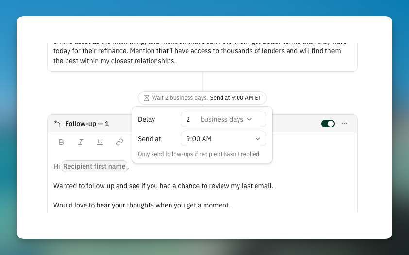 Follow-up step set to wait 2 business days and send at 9:00 AM ET