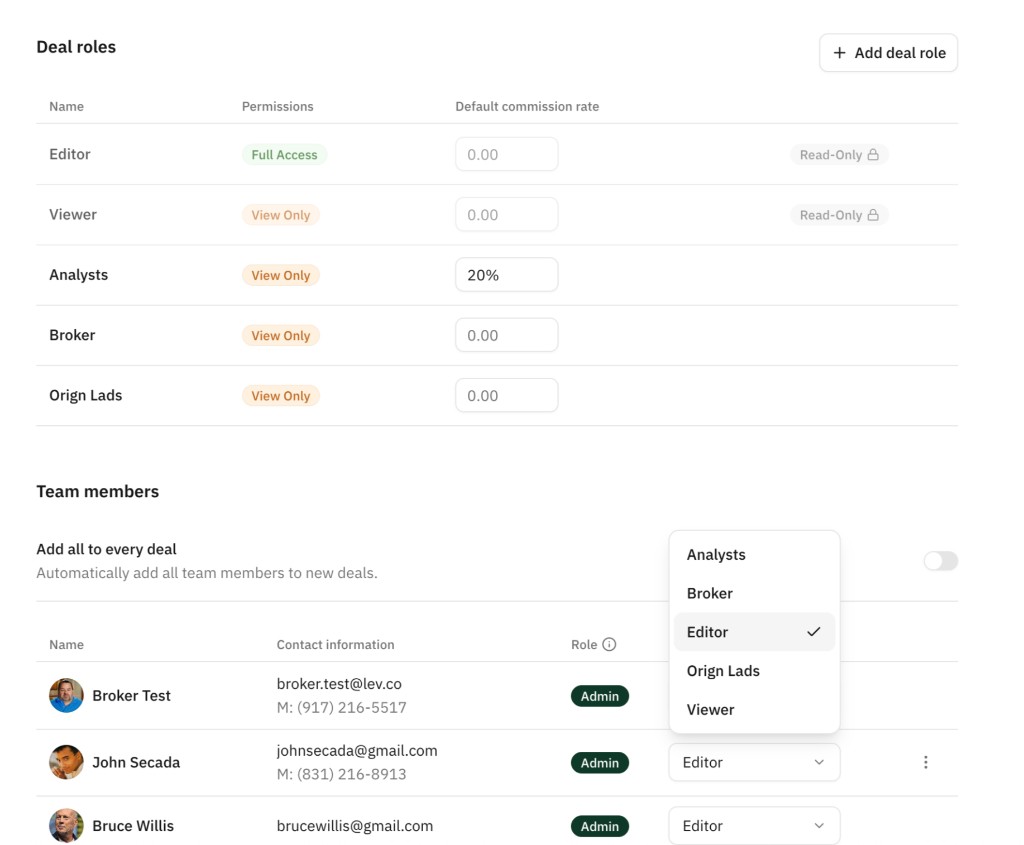 Deal roles table showing default commission rate fields alongside the team members list with role assignment dropdown