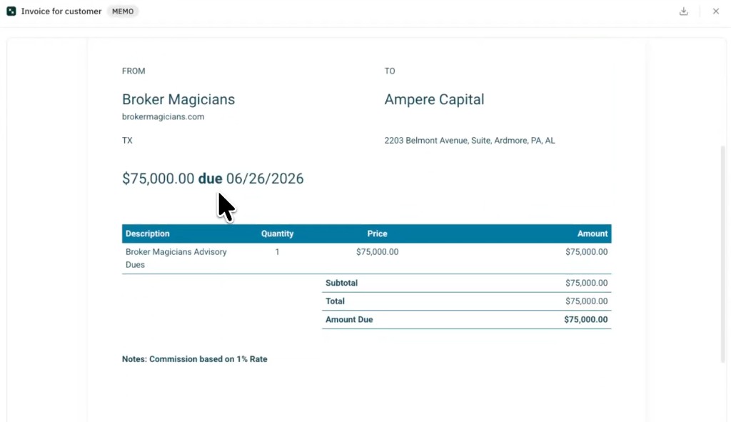 Invoice draft in Lev Memo showing from/to details, amount due, and line items