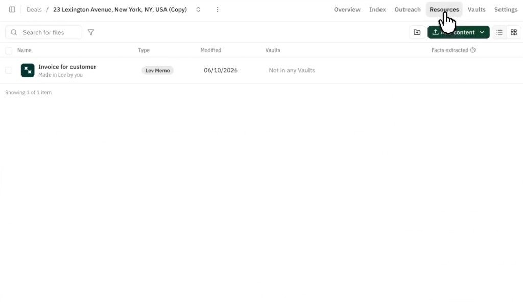 Resources tab on a deal showing a generated invoice saved as a Lev Memo