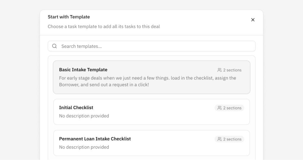 Checklist template picker with master and custom templates