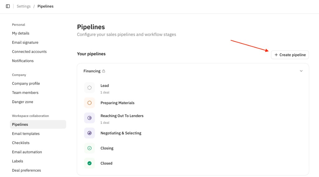 Pipelines settings page showing the Financing pipeline stages with the Create pipeline button highlighted