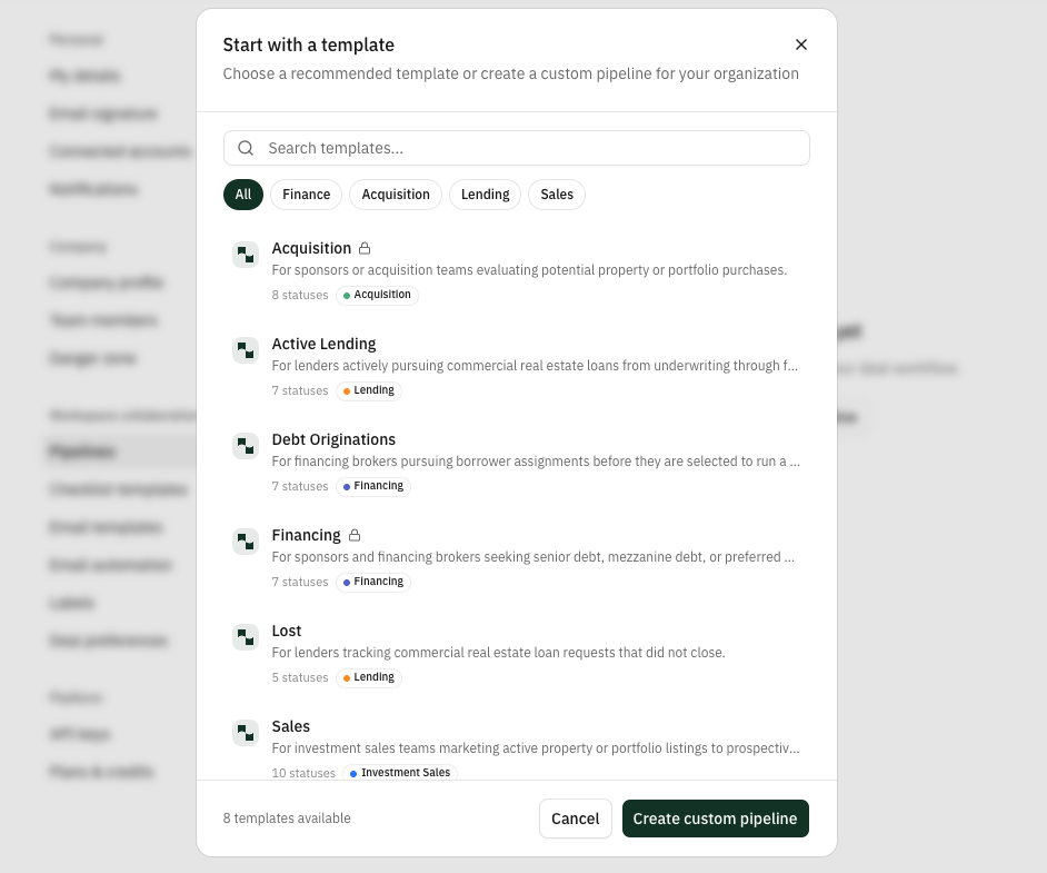Start with a template modal showing the eight pipeline templates — Acquisition, Active Lending, Debt Originations, Financing, Lost, and Sales — each with its status count and category