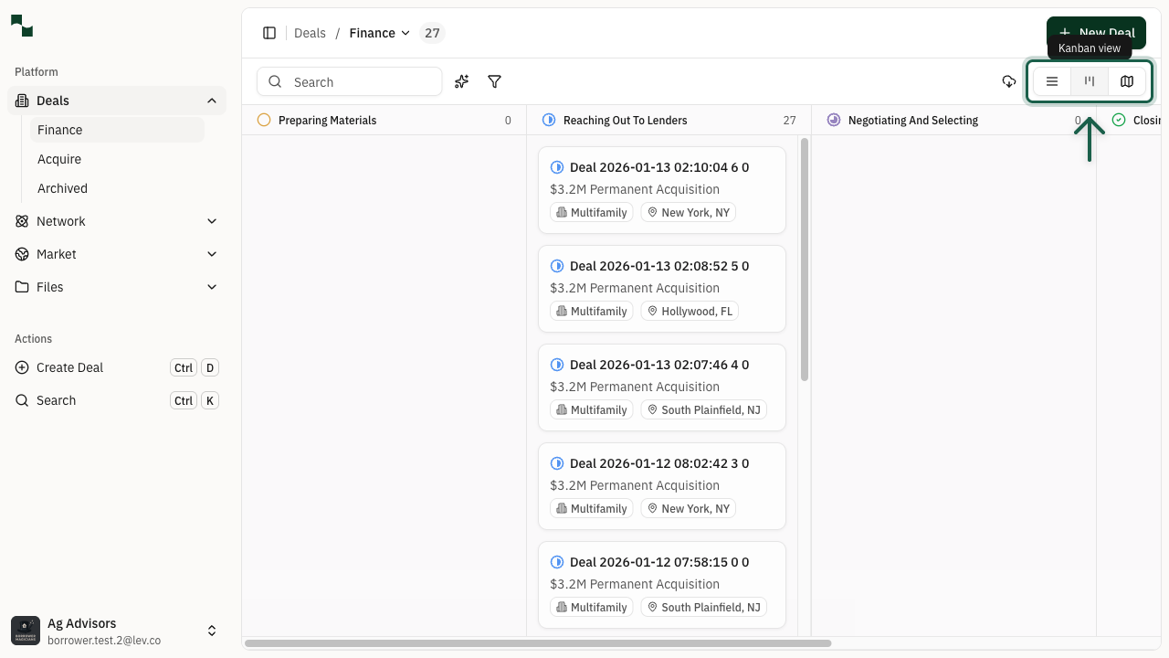 Kanban view showing deals organized by status