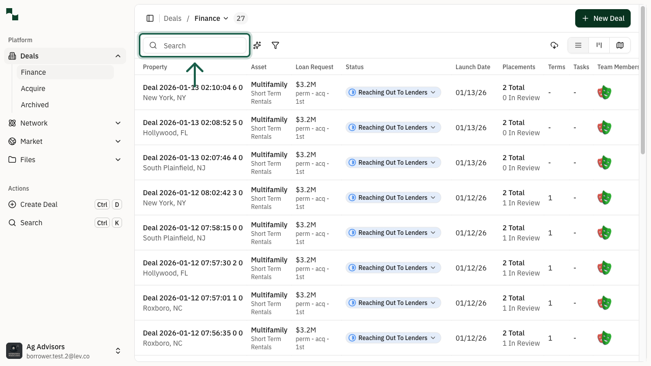 Search box showing deal filtering functionality