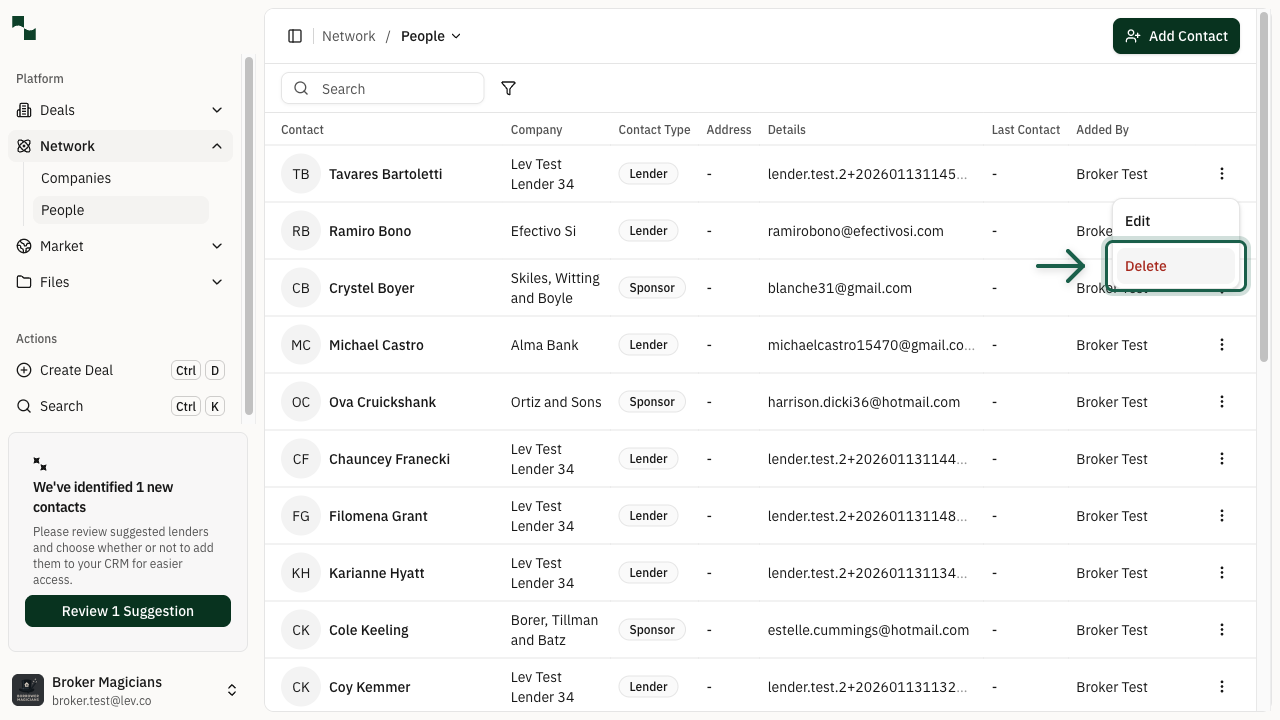 Actions menu showing Delete option