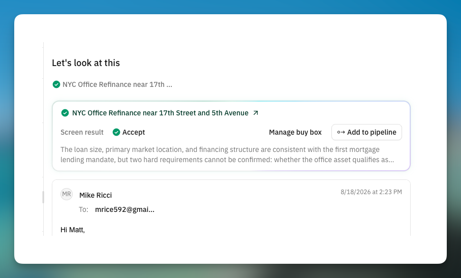 Screen result panel on a thread showing an Accept recommendation and Add to pipeline