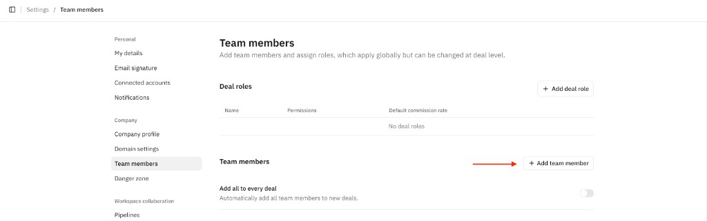 Team members settings page showing the Add team member button and Deal roles section