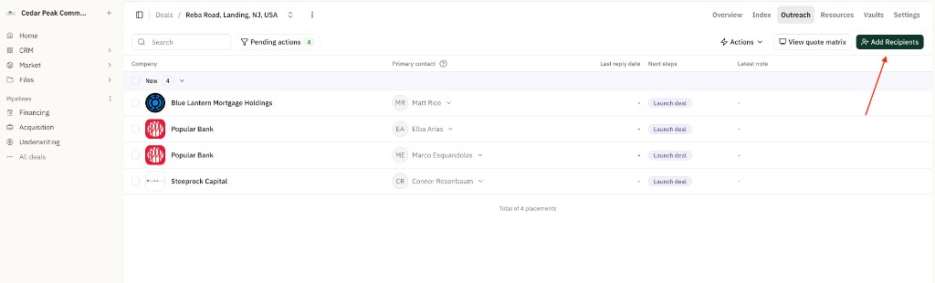 Outreach tab showing the placement table with the Add Recipients button highlighted in the top right