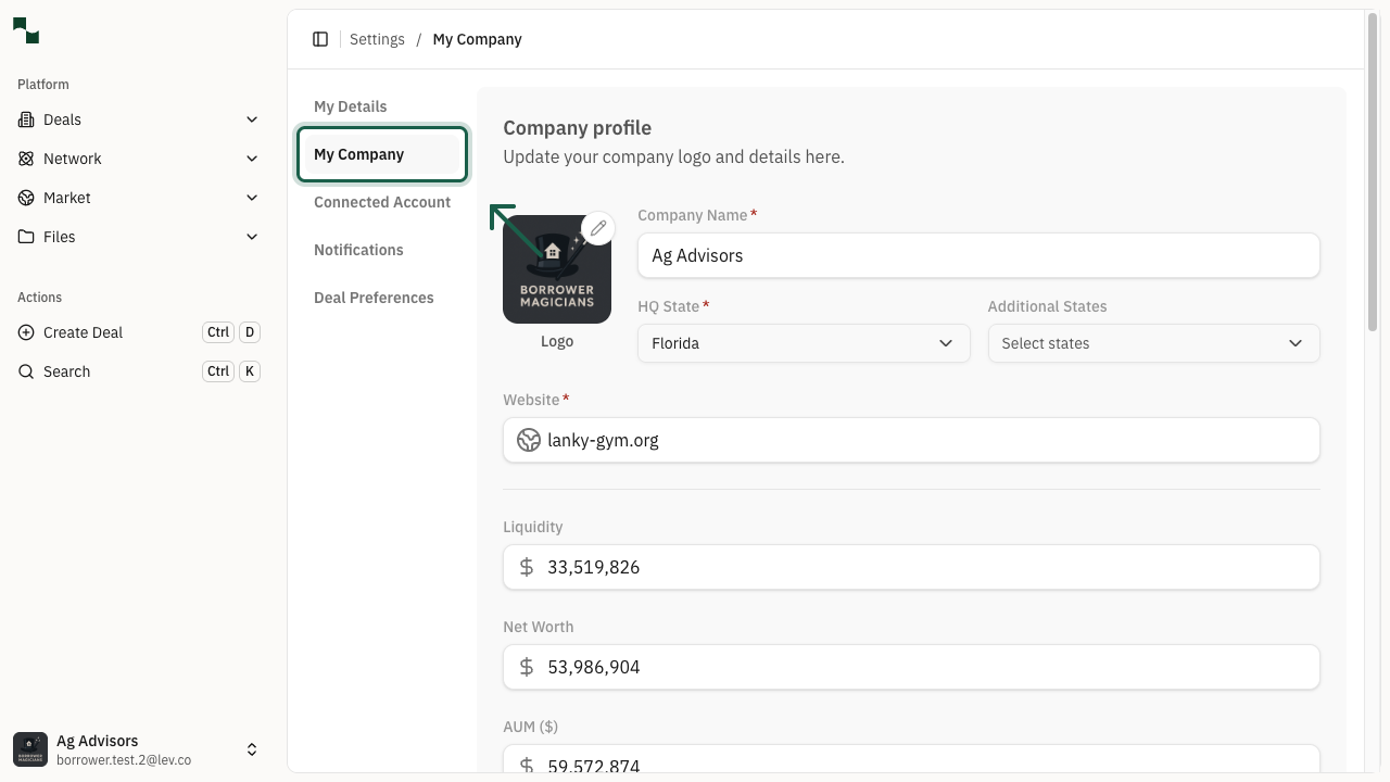 My Company settings page