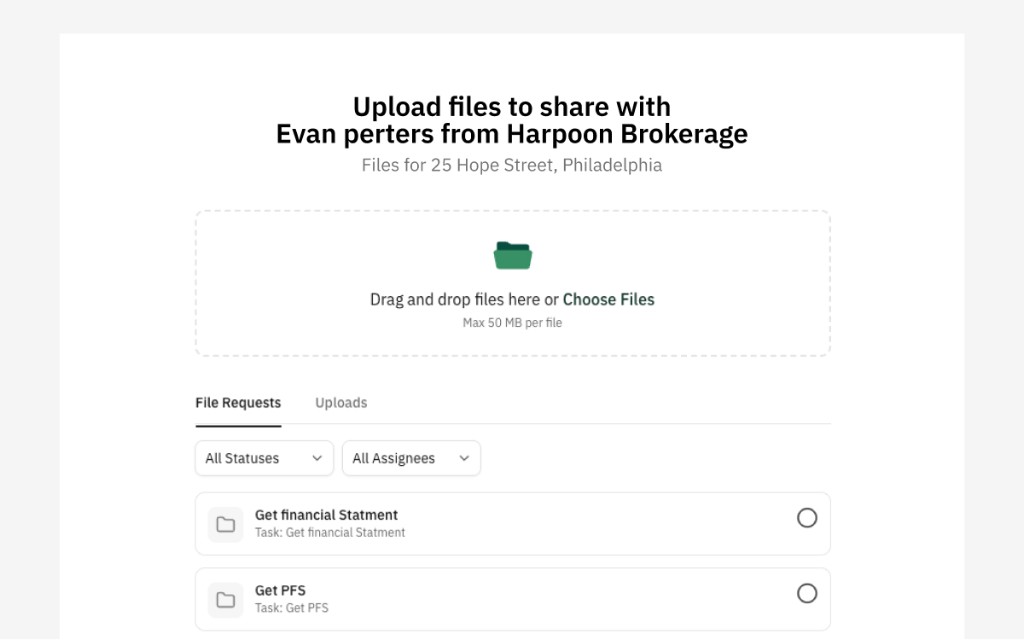 Guest upload page with assigned tasks and drag-and-drop area