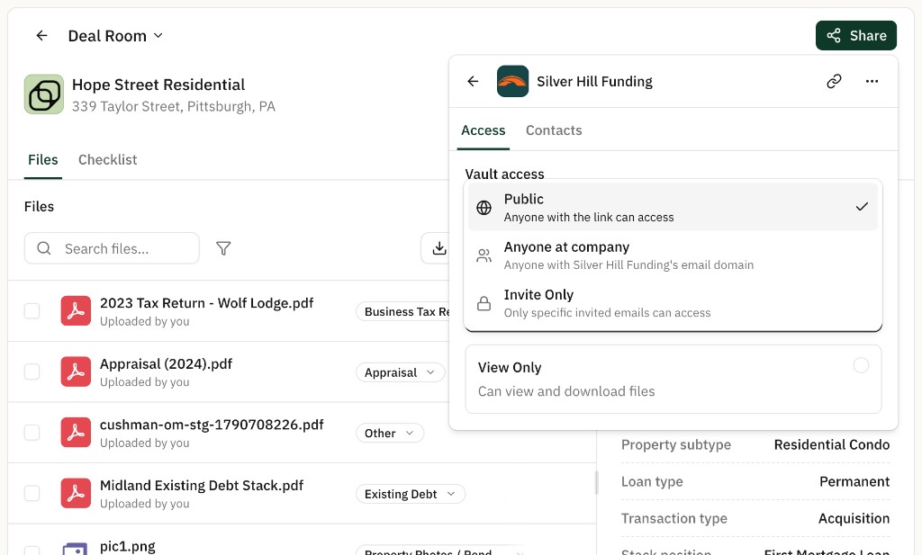 Share panel for a company on a Vault, with Vault access set to Public and View Only shown as the permission