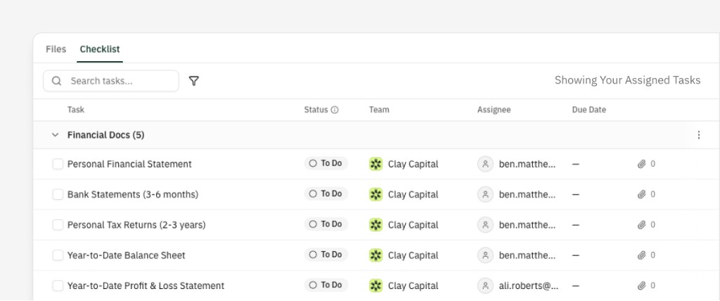 Vault Checklist tab showing assigned tasks grouped by section with status, team, assignee, and due date columns