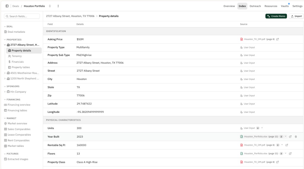 Index tab on a deal showing structured property fields with values and source attributions