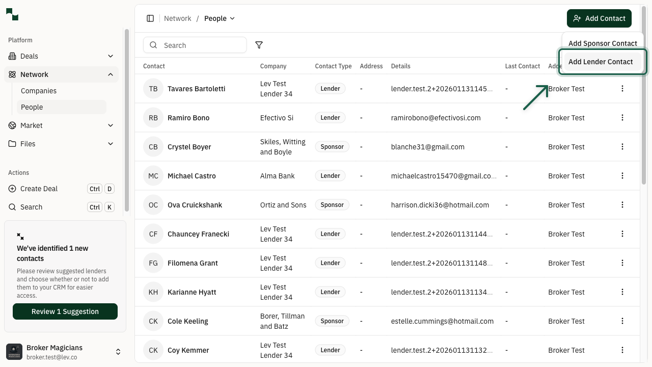 Add Contact dropdown showing Add Lender Contact option