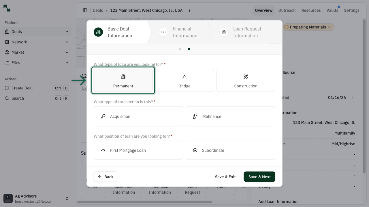 Loan type and transaction configuration in the deal wizard