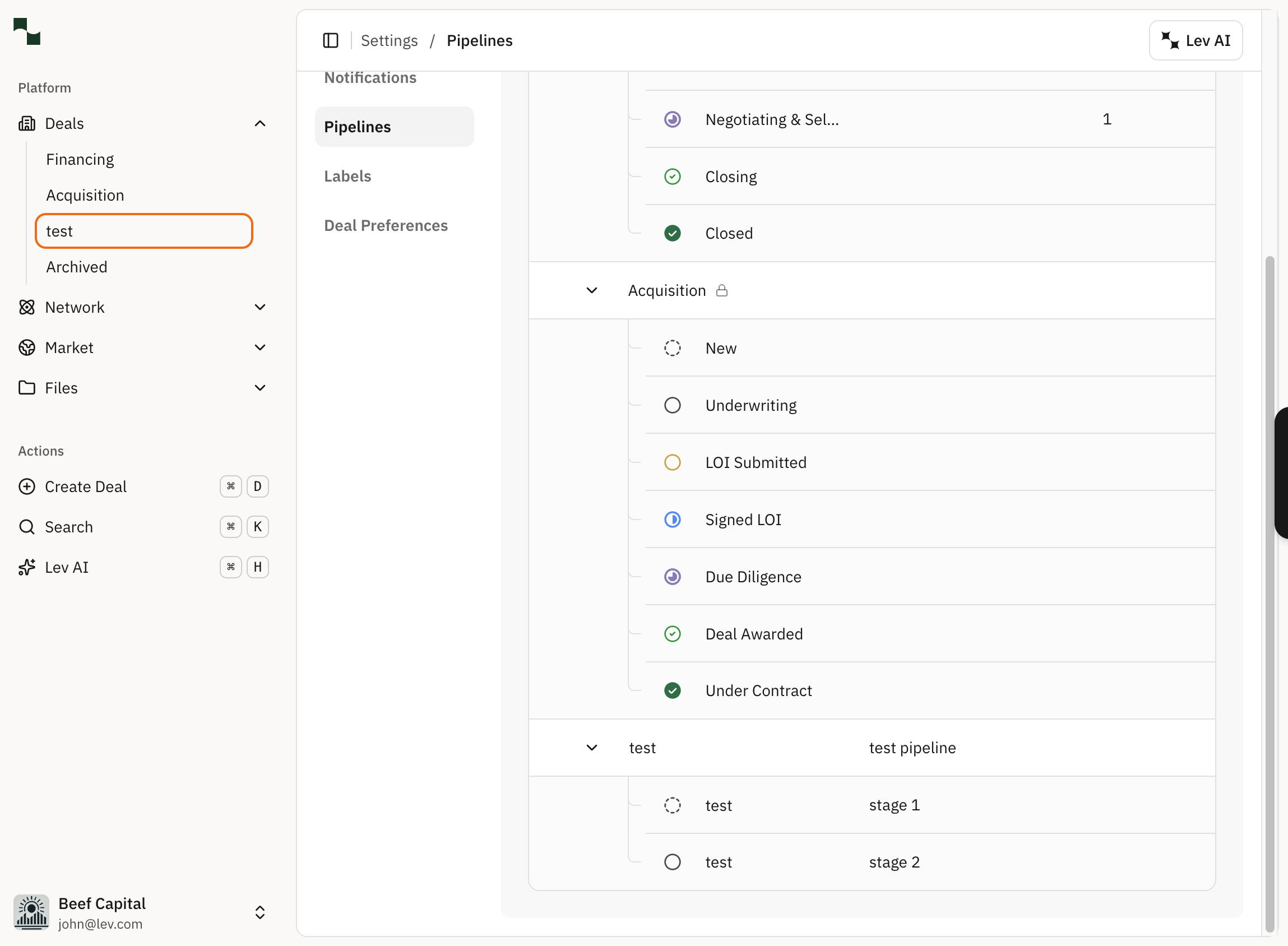 Deals dropdown showing custom pipeline