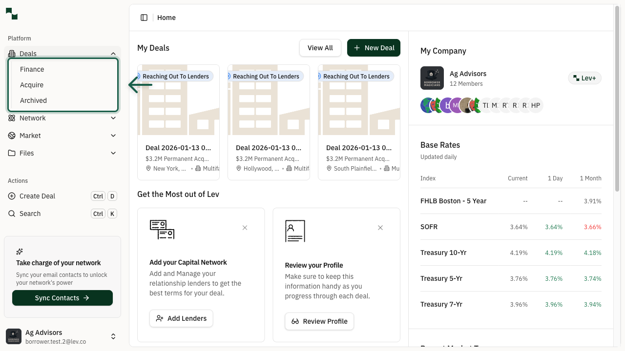 Deals submenu showing Finance, Acquire, and Archived options