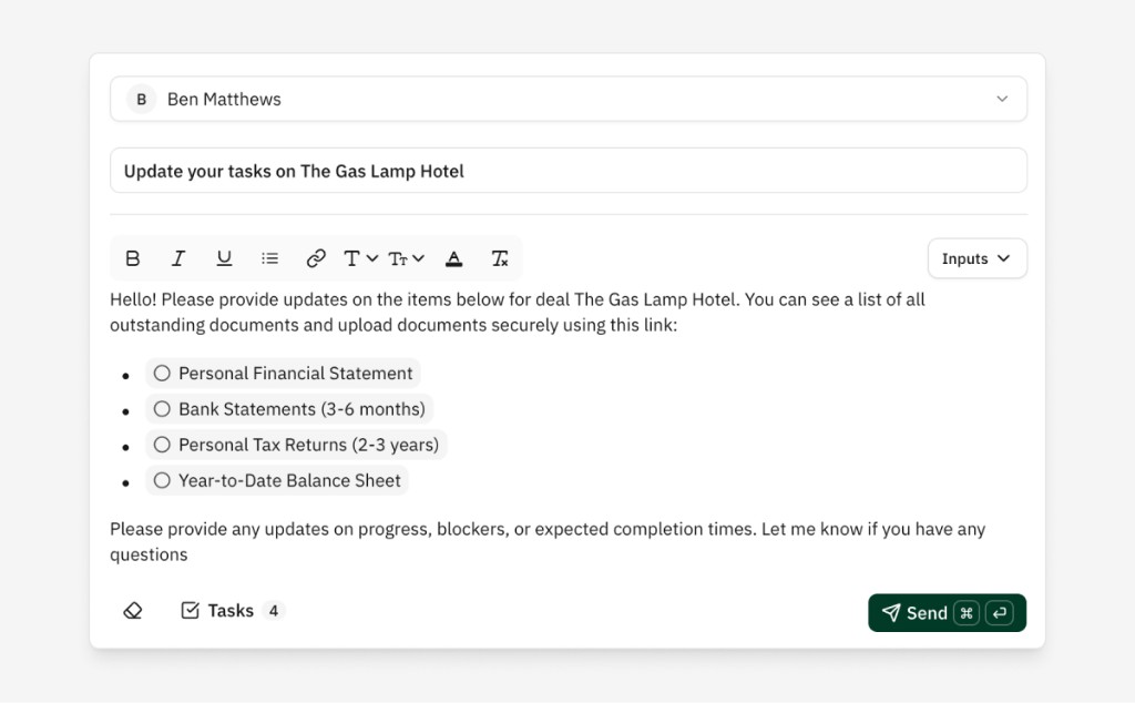 Compose file request email with outstanding tasks listed for the recipient
