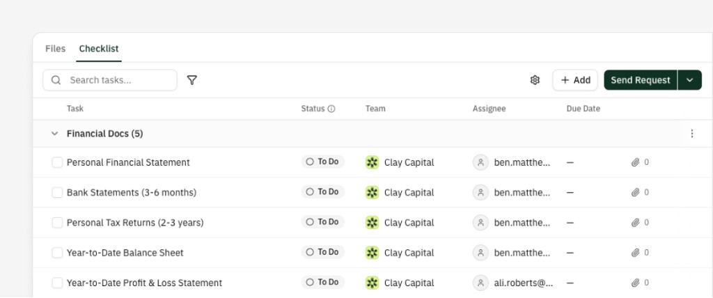 Vault Checklist table with tasks, status, assignees, and due dates