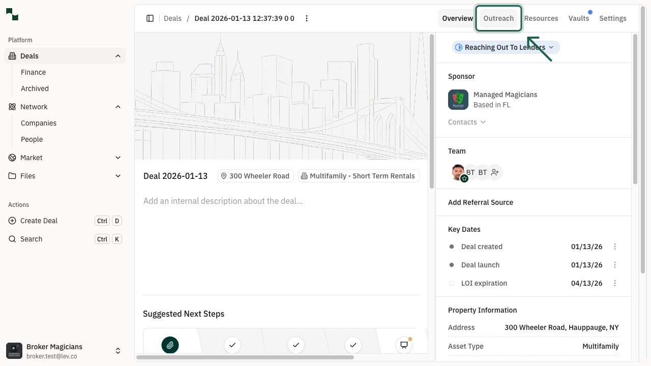 Deal overview page with Outreach tab highlighted