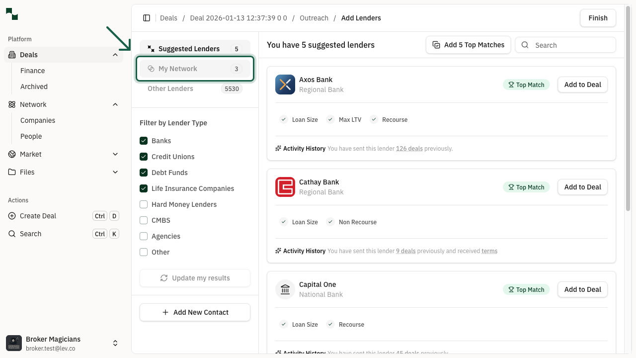 Lender selection page with My Network tab highlighted