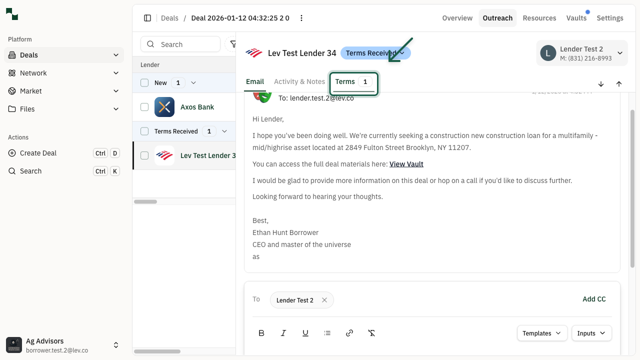 Lender side panel showing placement details
