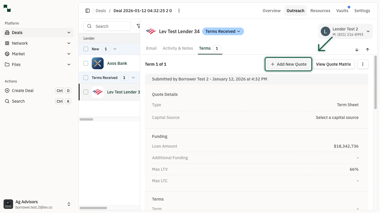 Terms tab with Add New Quote button