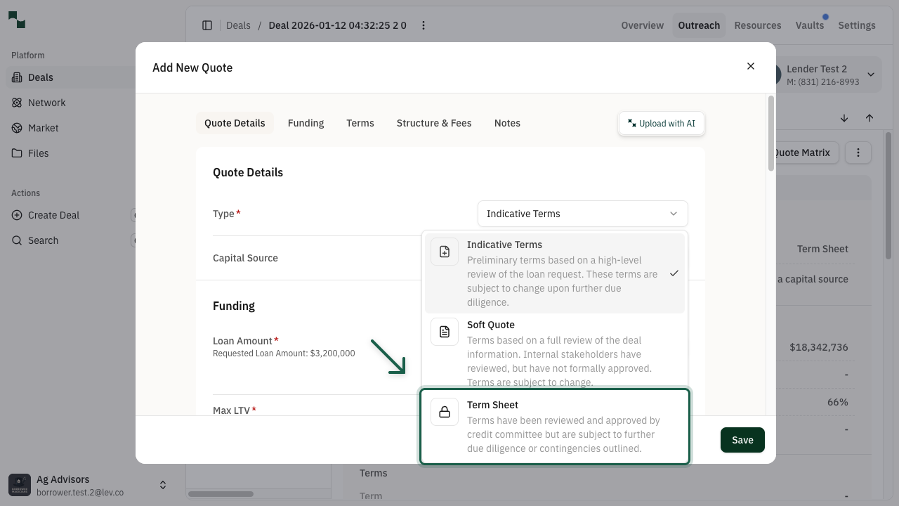 Quote type dropdown showing options
