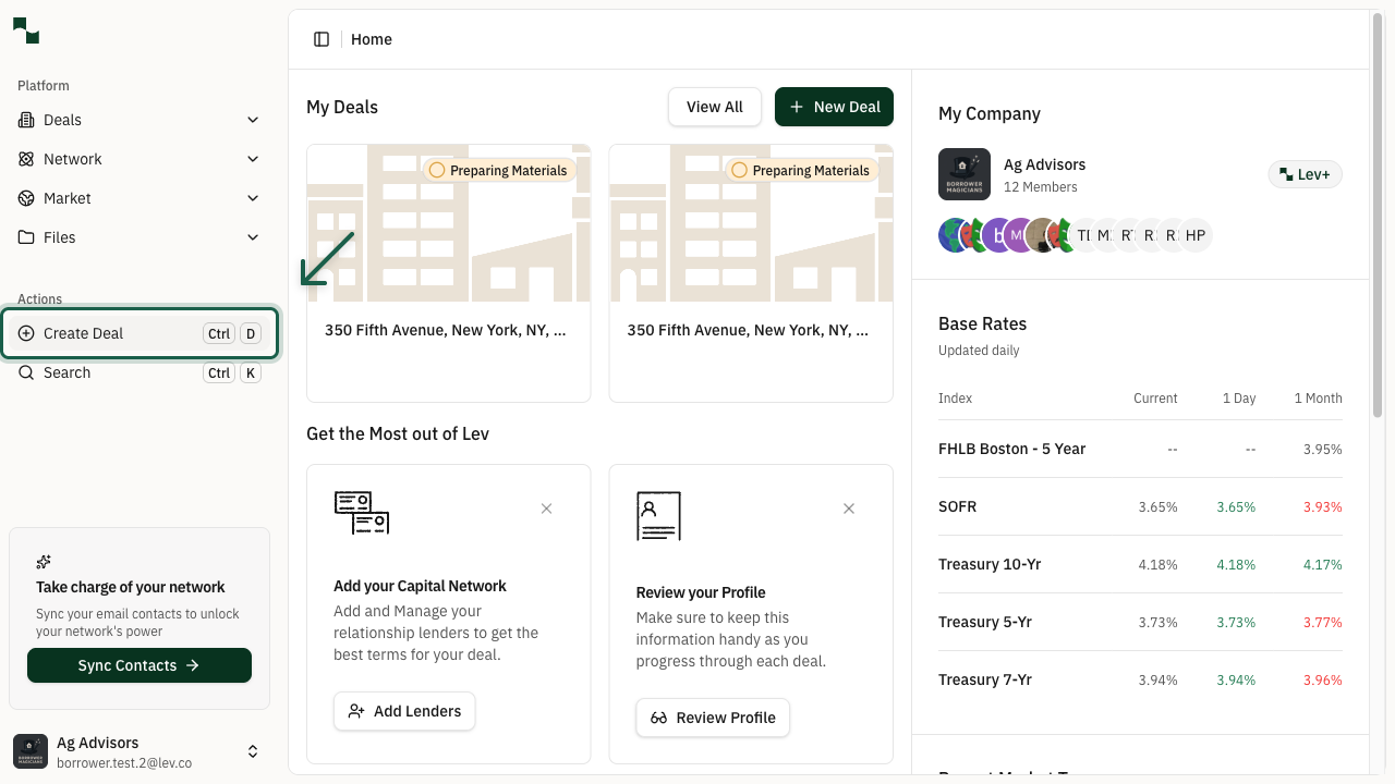 Dashboard with Create Deal button highlighted