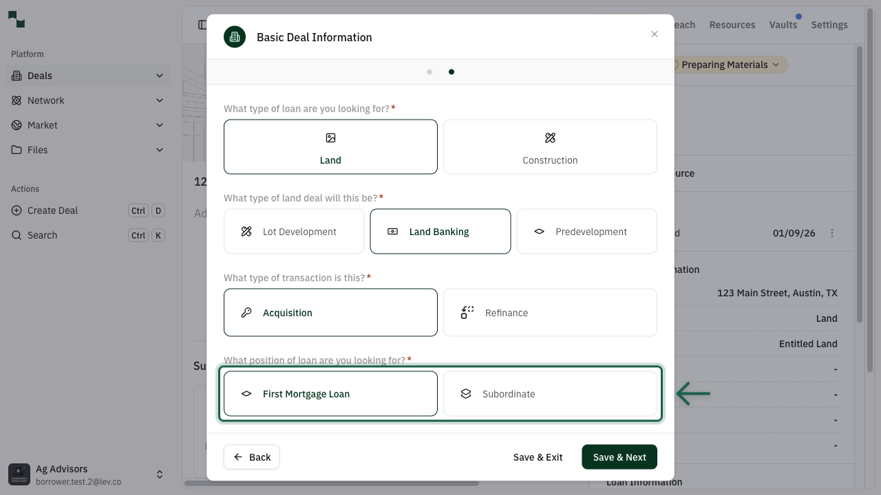 Loan Position selection: First Mortgage Loan or Subordinate