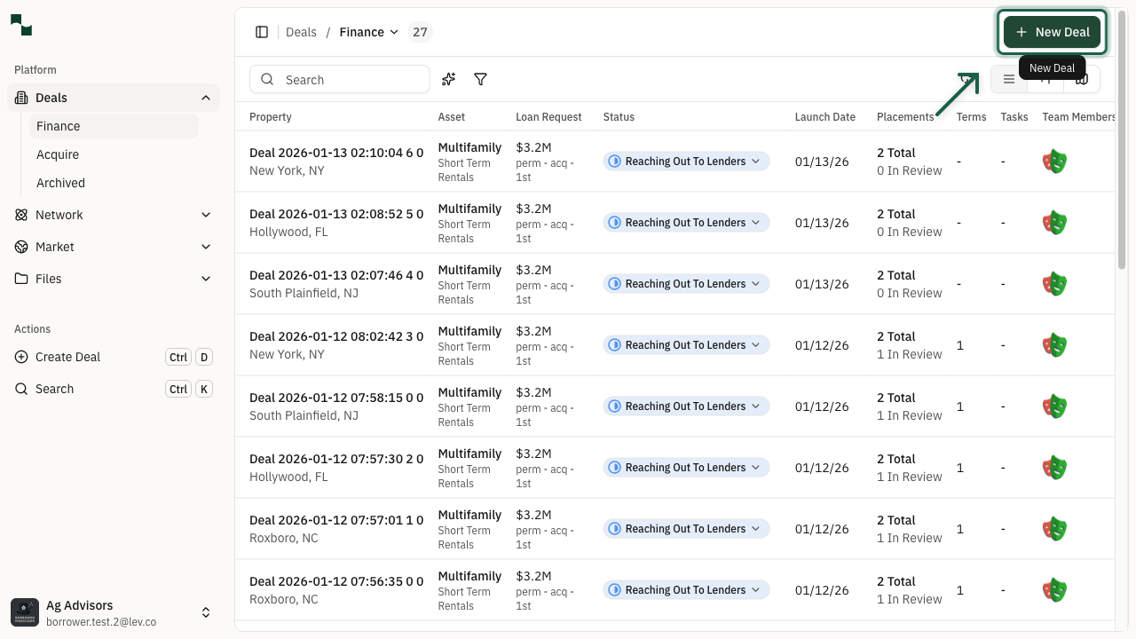 New Deal button highlighted in top navigation