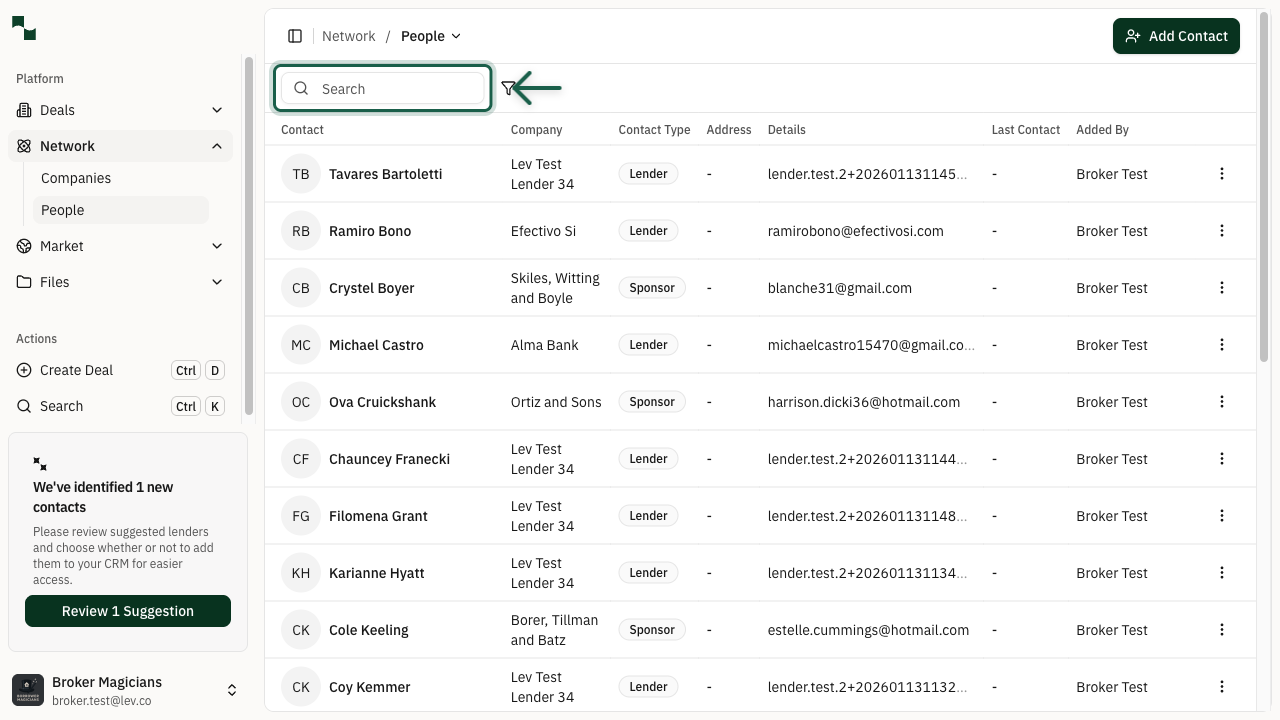 Contacts page with search box highlighted