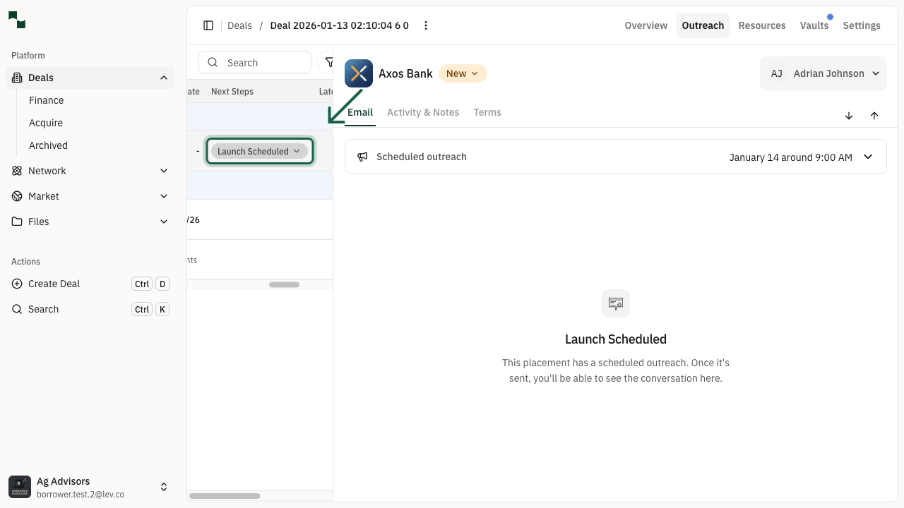 Outreach page showing Launch Scheduled status