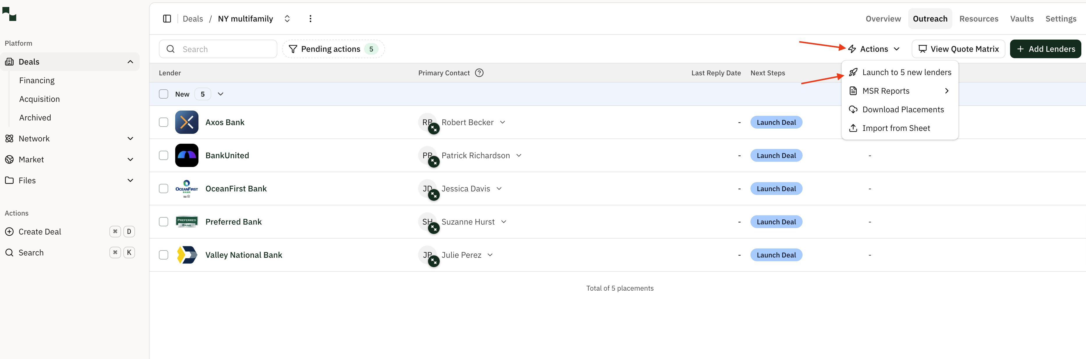 The Actions dropdown menu showing the Launch to 5 new lenders option