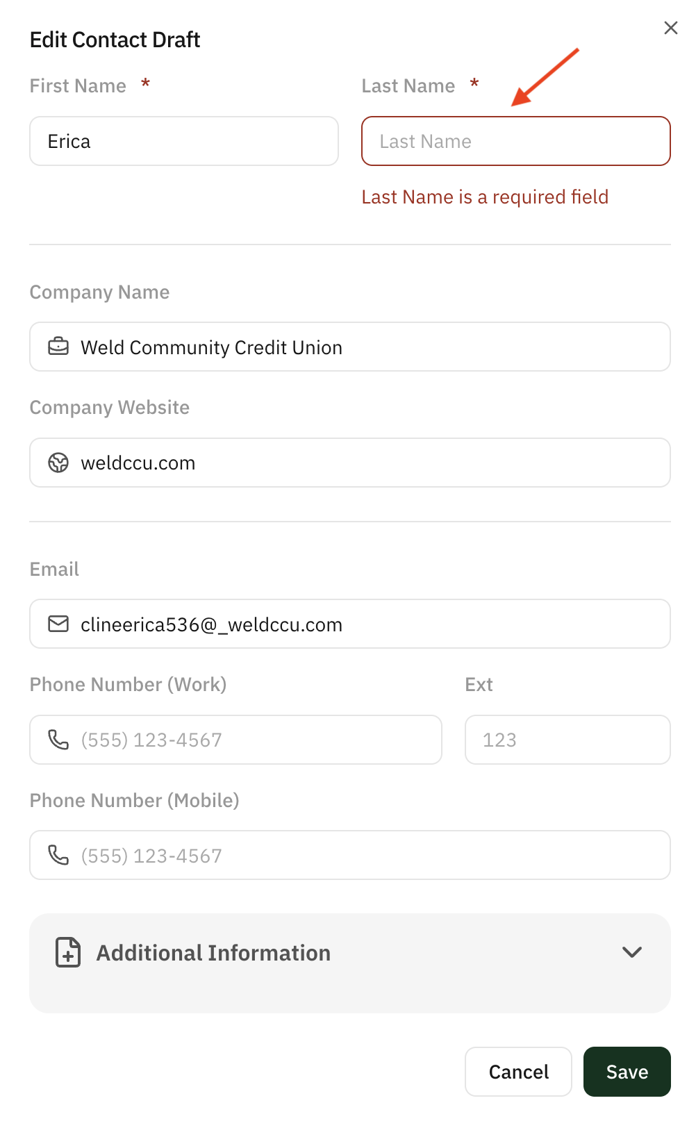 Contact fields with blank required fields highlighted for manual entry