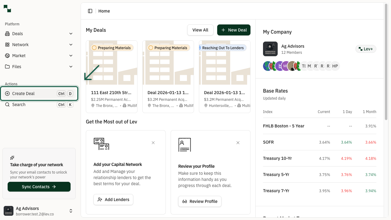 Dashboard with Create Deal button highlighted