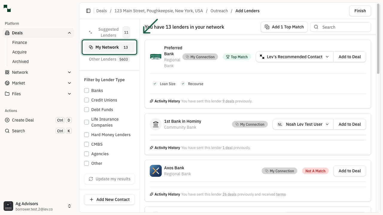 My Network tab showing connected lenders