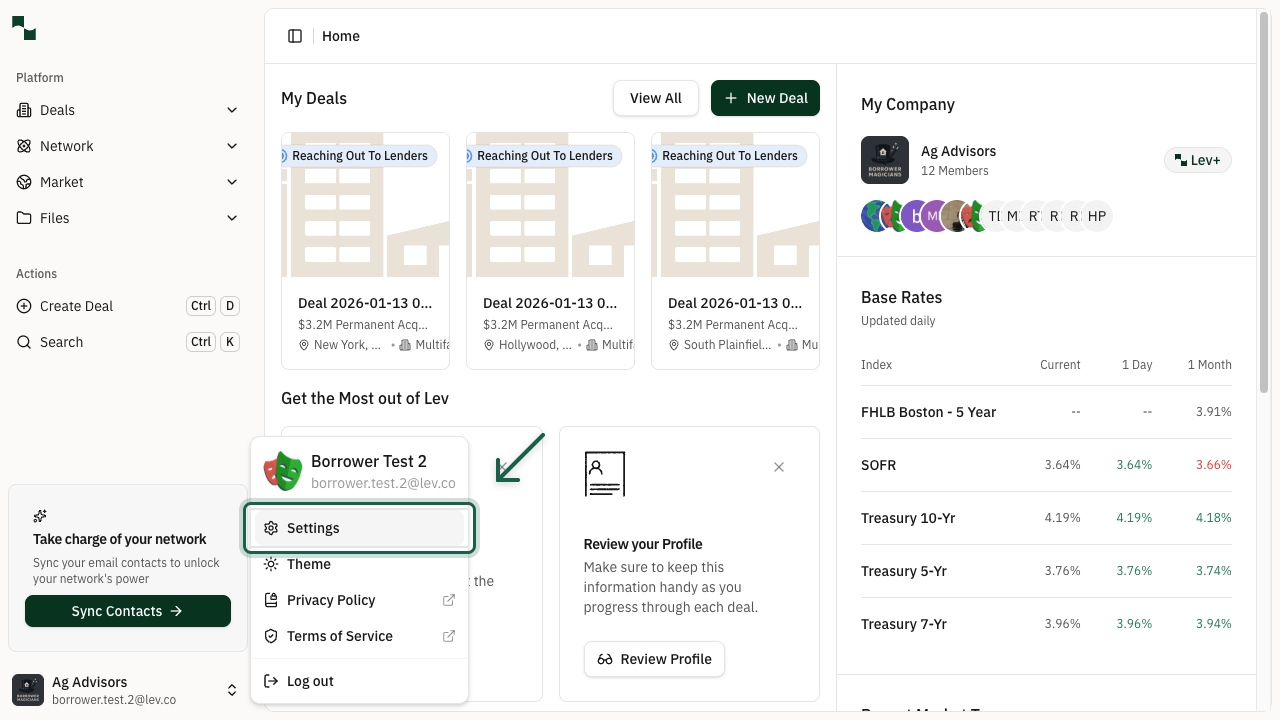 Account dropdown menu with Settings highlighted