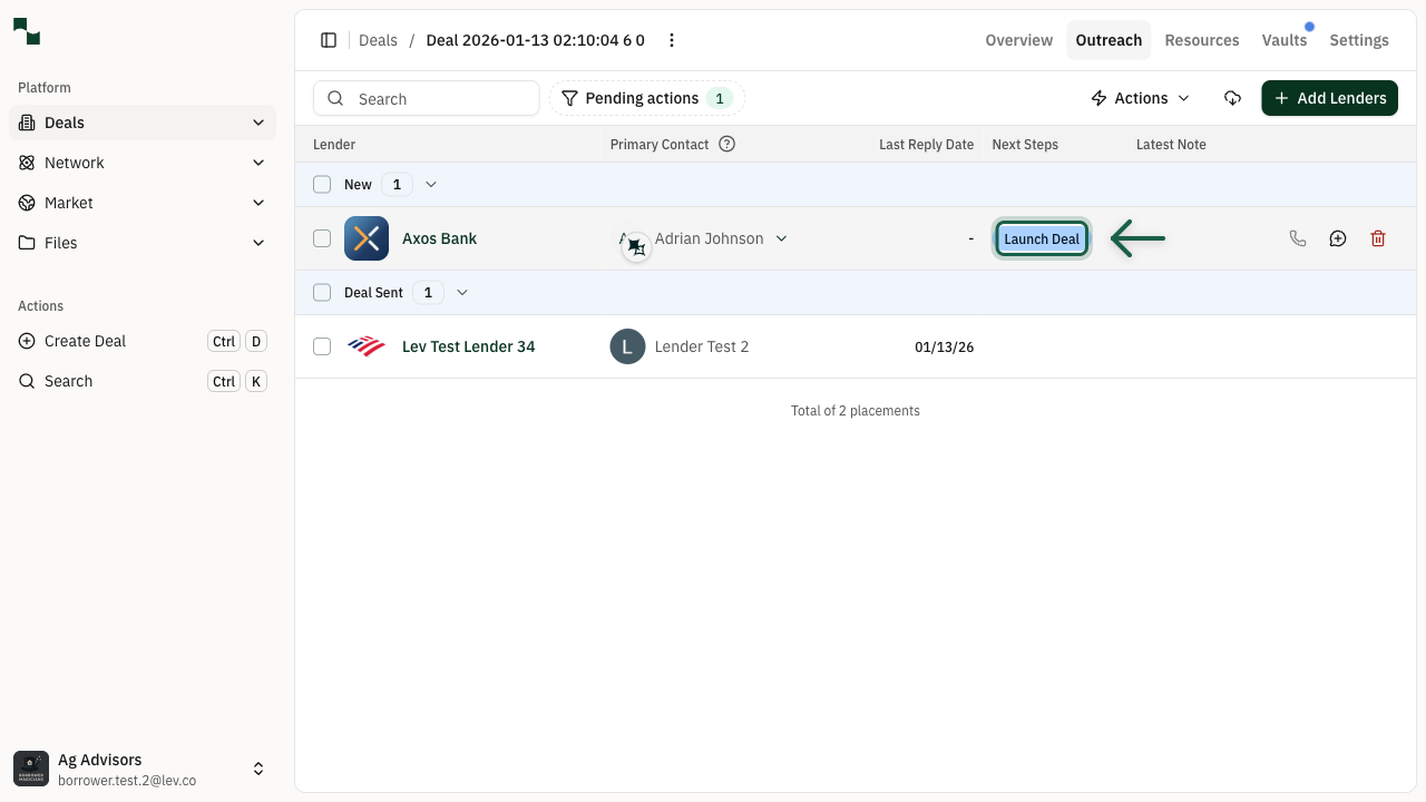 Outreach page showing lender list with a lender row highlighted