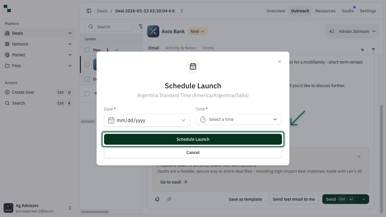 Schedule Launch modal with date picker, time selector, and Schedule Launch button