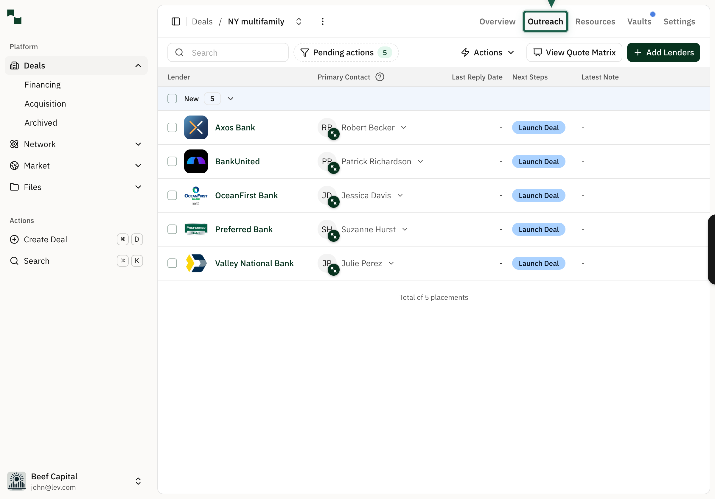 Deal page with the Outreach tab highlighted in the top navigation